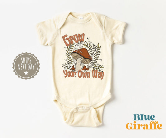 Mushroom Grow Your Own Way Onesie®: 3-6 months / Short Sleeve Natural Onesie