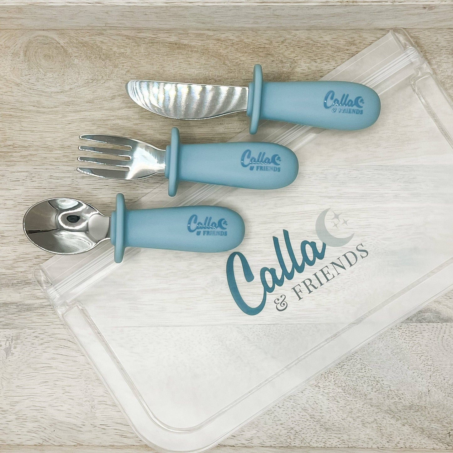 Silicone & Stainless Steel Toddler Utensil Set: Marble White