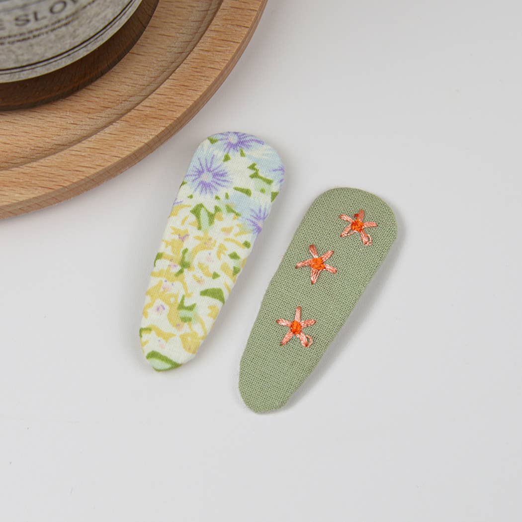 Embroidered Floral Snap Hair Clips Set: Brown