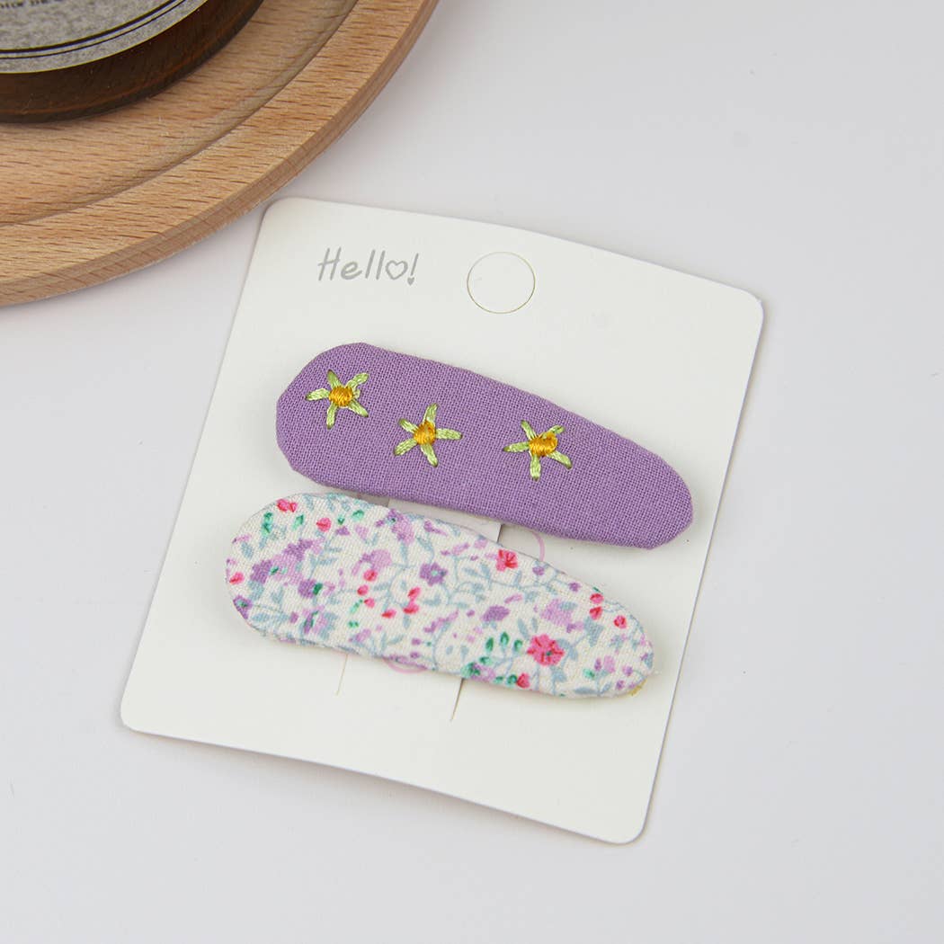 Embroidered Floral Snap Hair Clips Set: Yellow