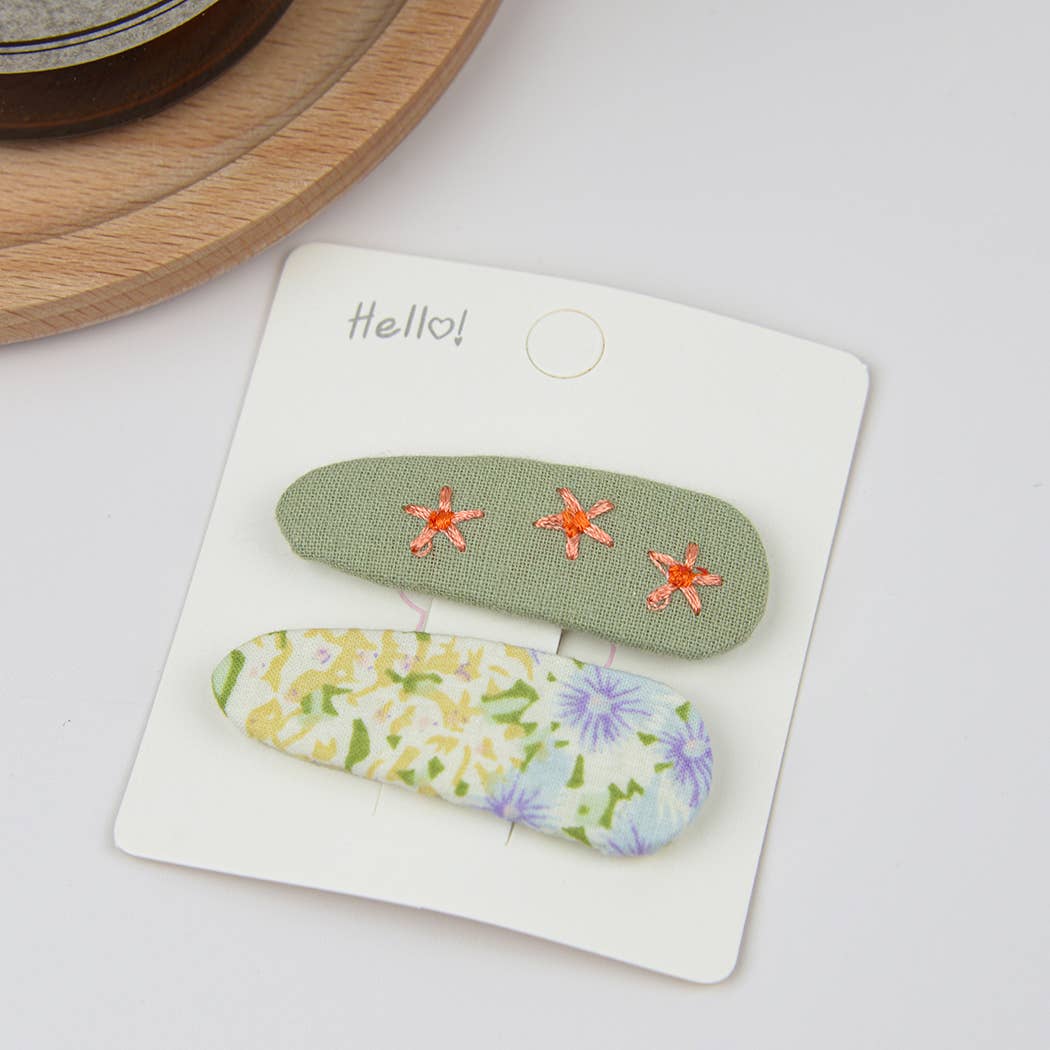 Embroidered Floral Snap Hair Clips Set: Brown