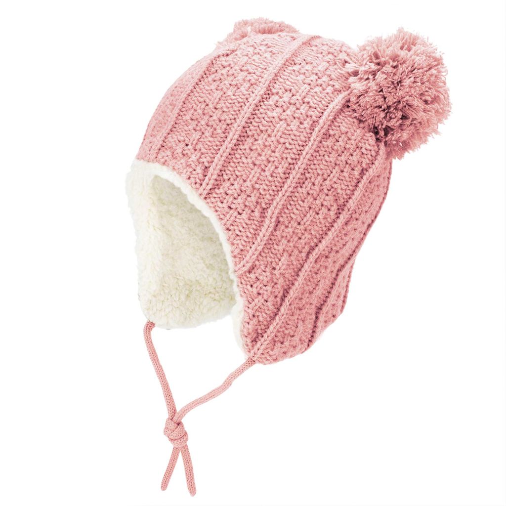 Jan & Jul - Knt Winter Earflap Hat - Pink Bear