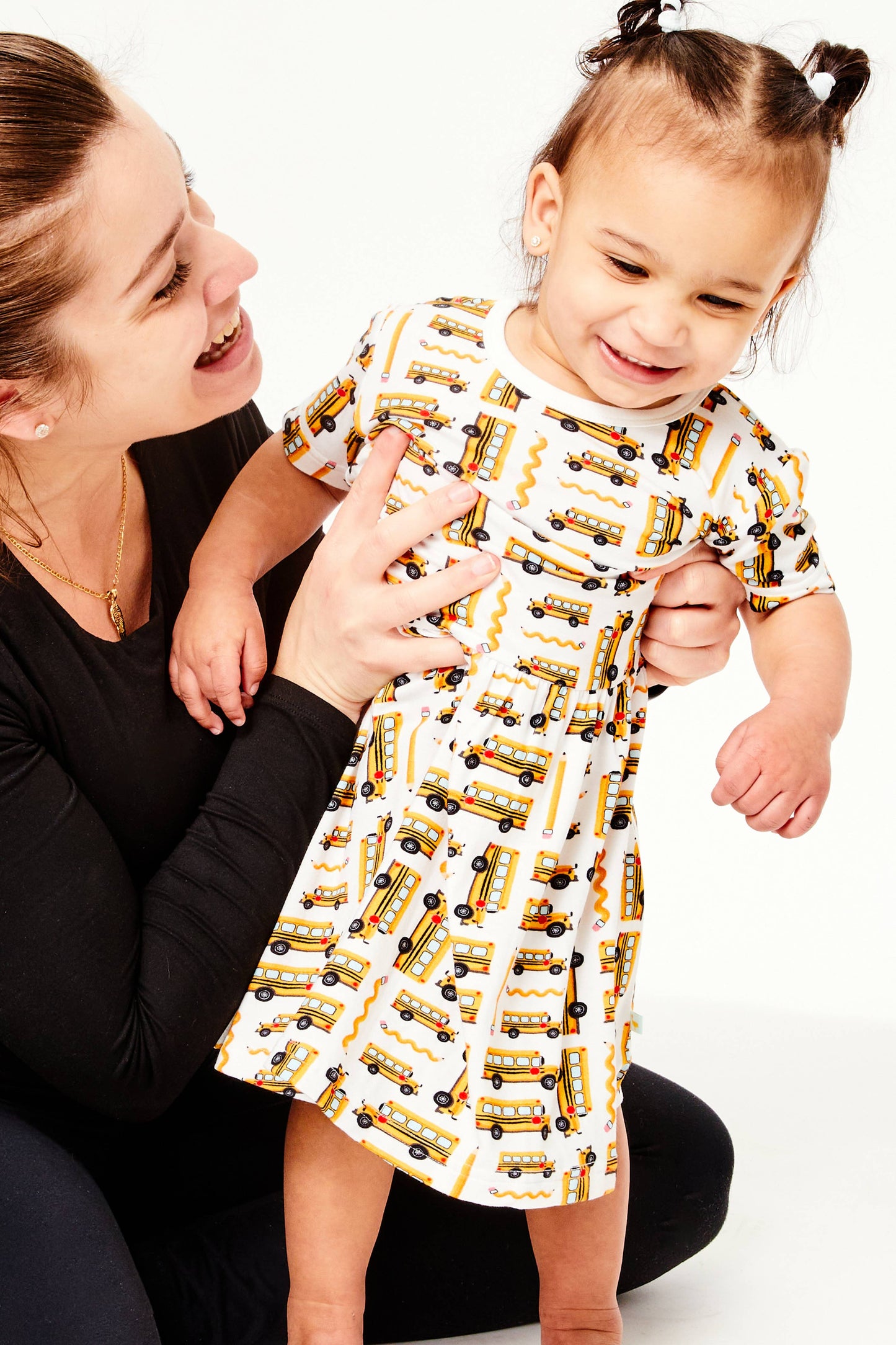 Stretchy Short Sleeve Twirl Dress - School Buses: 4/5T