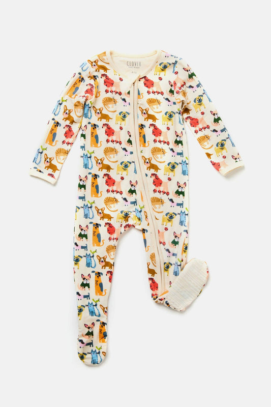 Soft & Stretchy Zipper Footie - Cats + Dogs: 3-6M