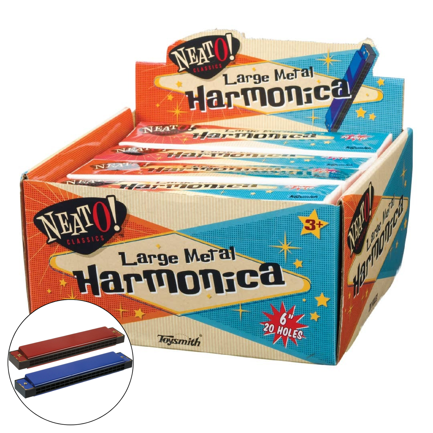 Neato! Large 6" Metal Harmonica with Case, Retro Classic