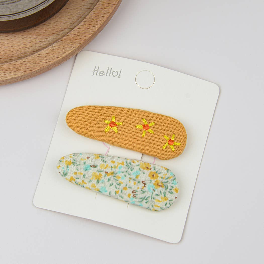 Embroidered Floral Snap Hair Clips Set: Brown