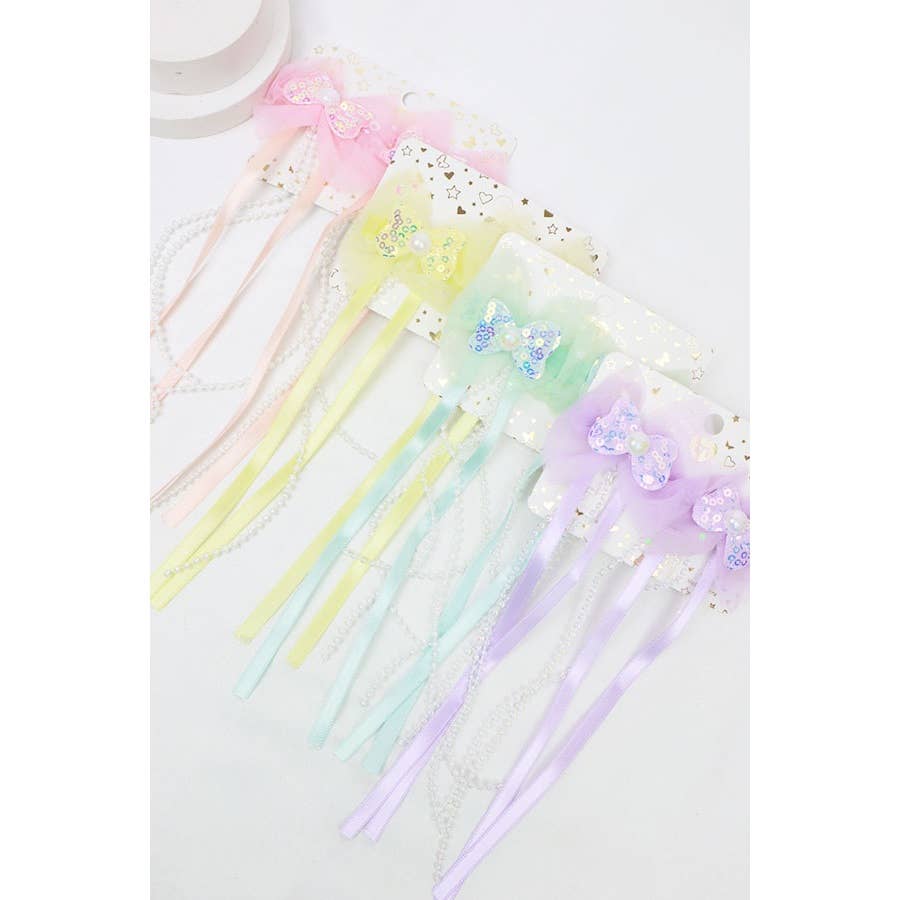 Sequin Bow Long Ribbon Hair Clips