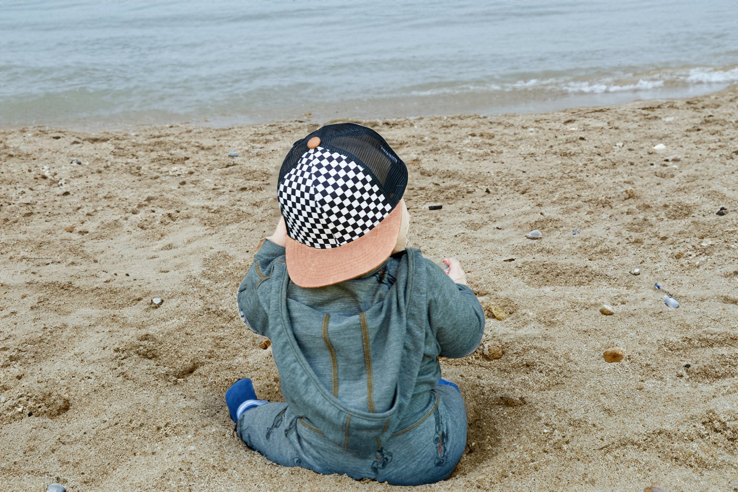 Flat Brim Trucker Hat - Checker/Faux Leather Brim: Kids (2-9 Years)