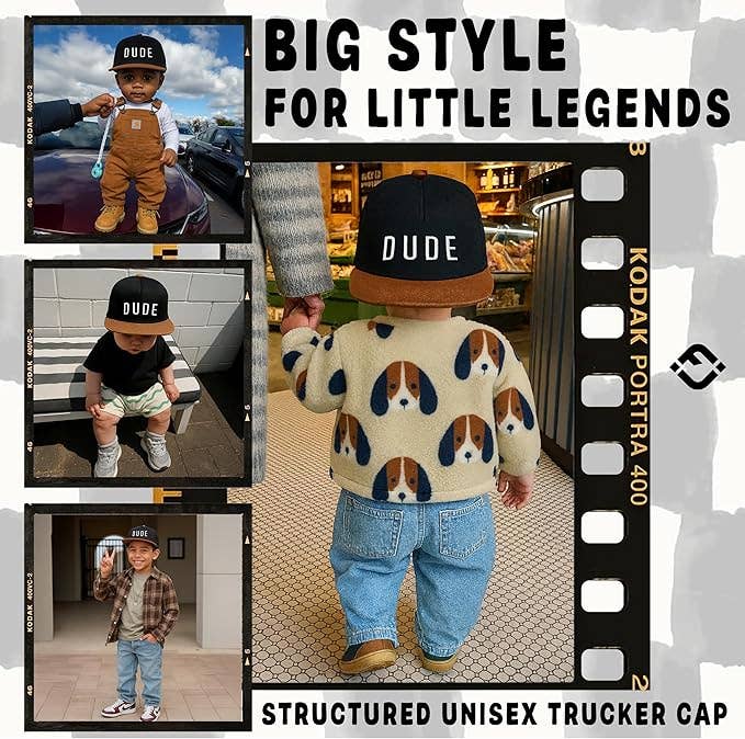 Flat Brim Trucker Hat - Dude - Black/Faux Leather: Kids (2-9 Years)