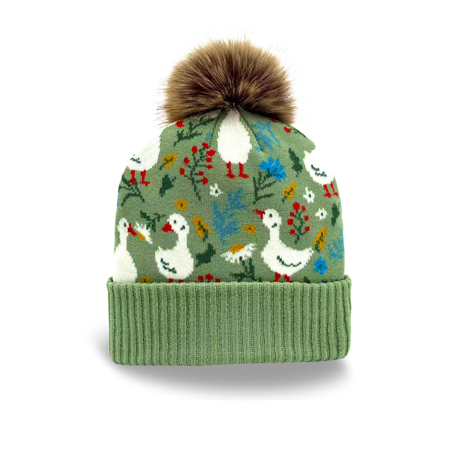 Kids Goose Pattern Pom Knit Beanie Cozy Winter Gift