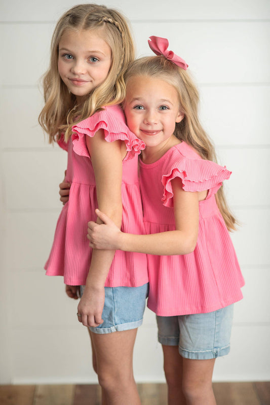 Oopies Daisy Kids Bright Pink Double Ruffle Flutter Sleeve Spring Shirt: 7/8