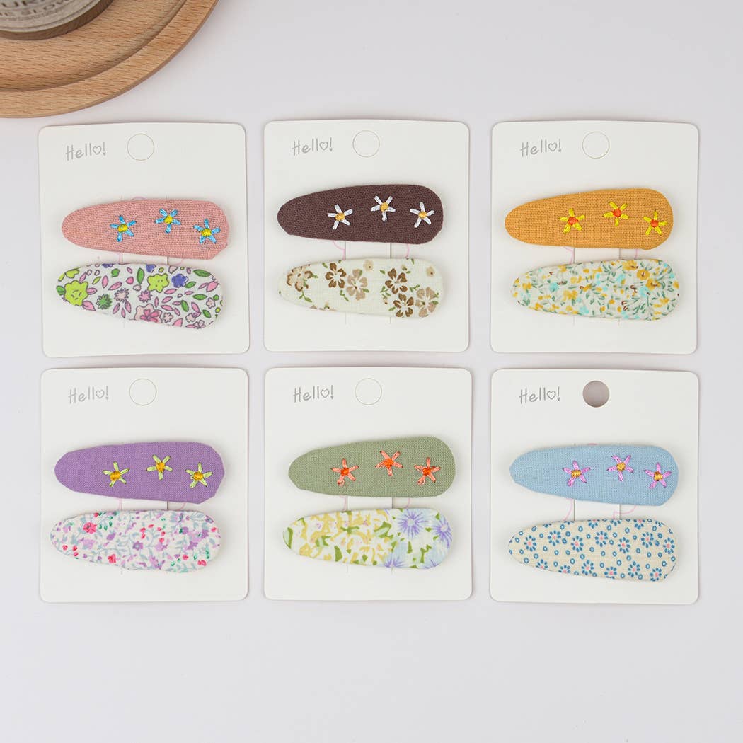 Embroidered Floral Snap Hair Clips Set: Purple