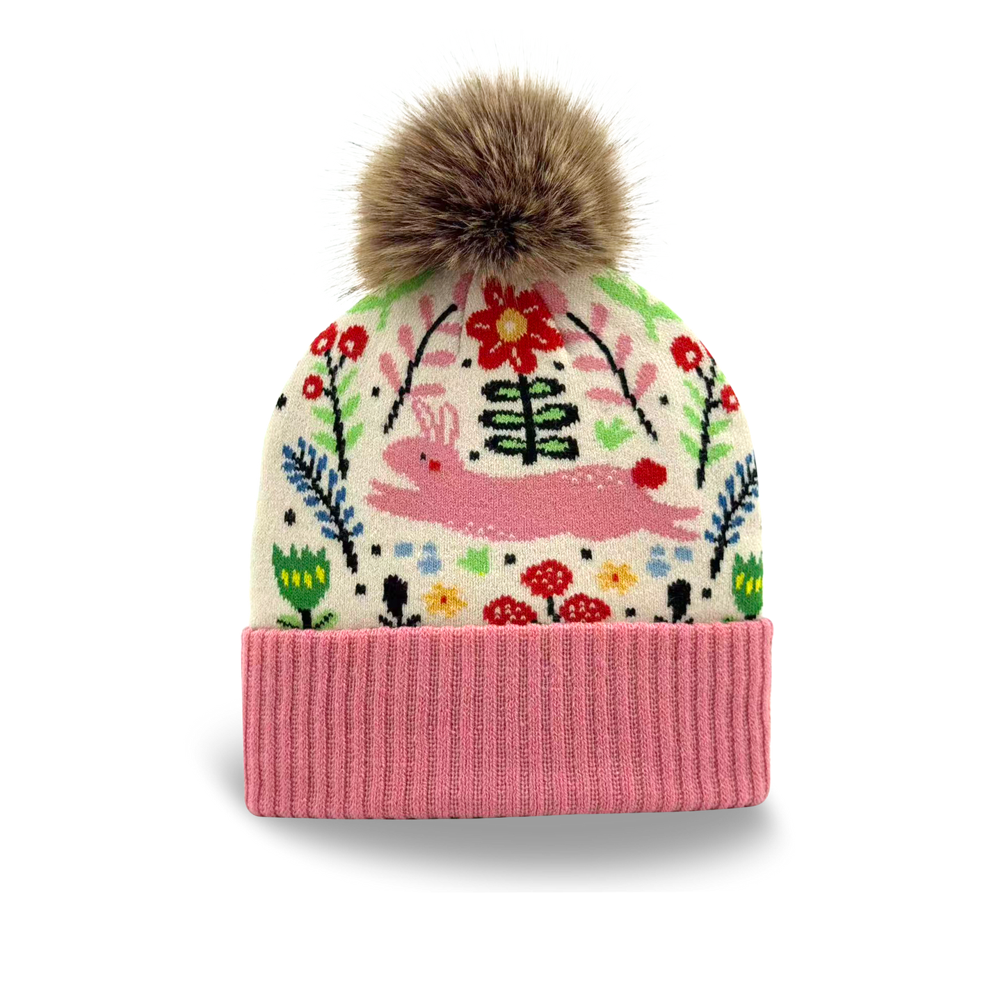 Kids Garden Flower Pattern Pom Knit Beanie Winter Hat
