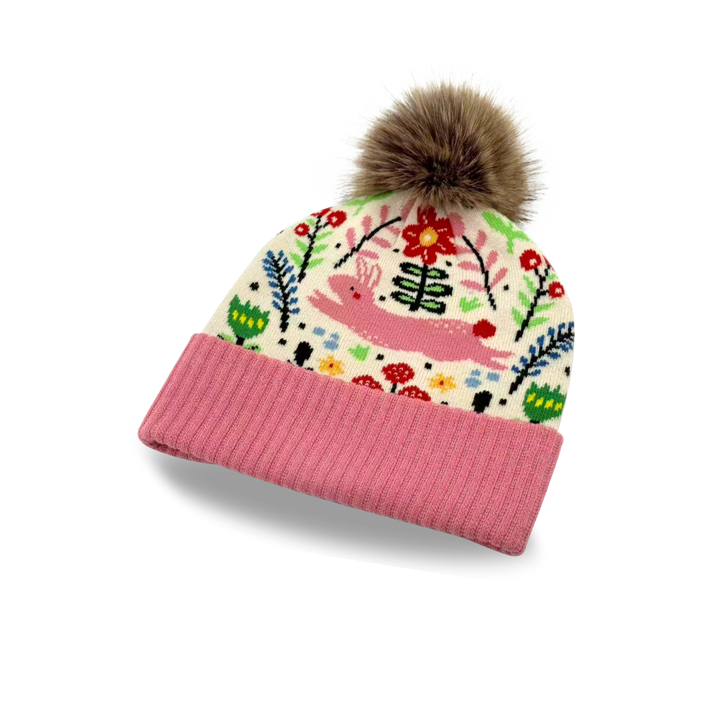 Kids Garden Flower Pattern Pom Knit Beanie Winter Hat