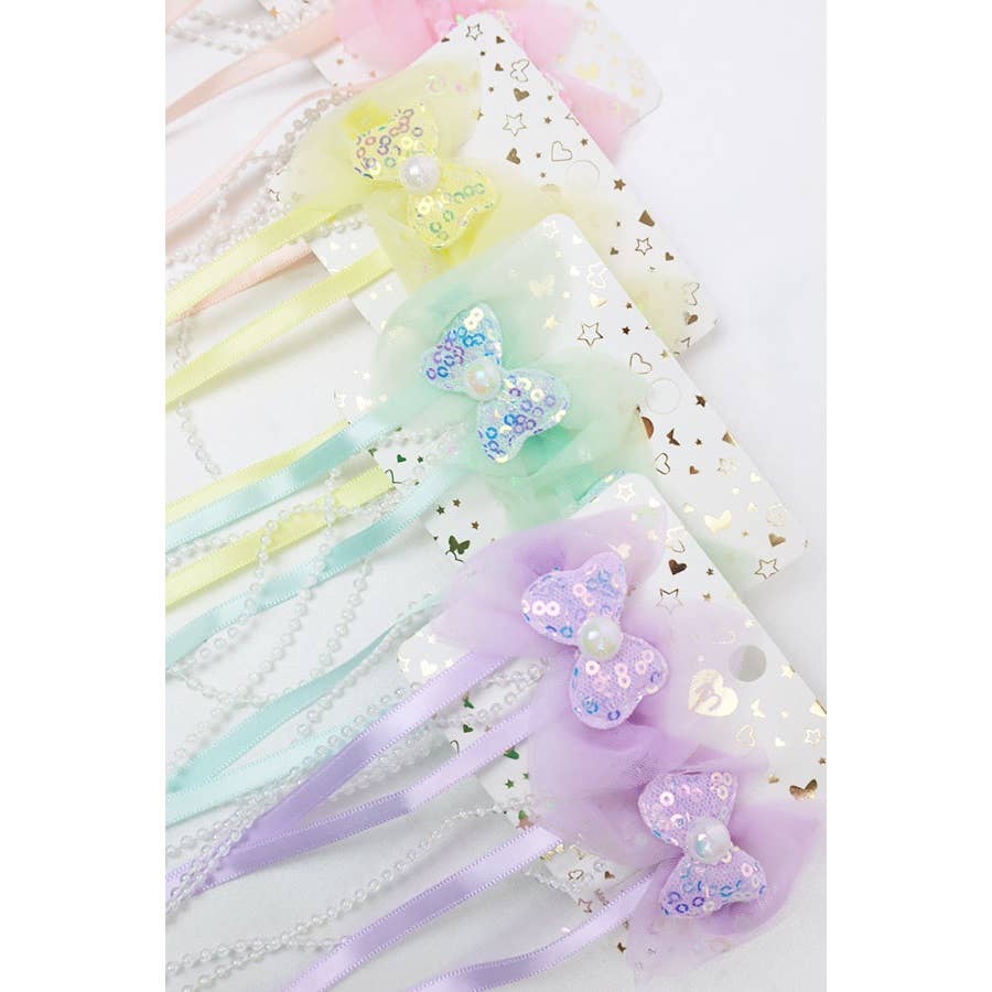 Sequin Bow Long Ribbon Hair Clips